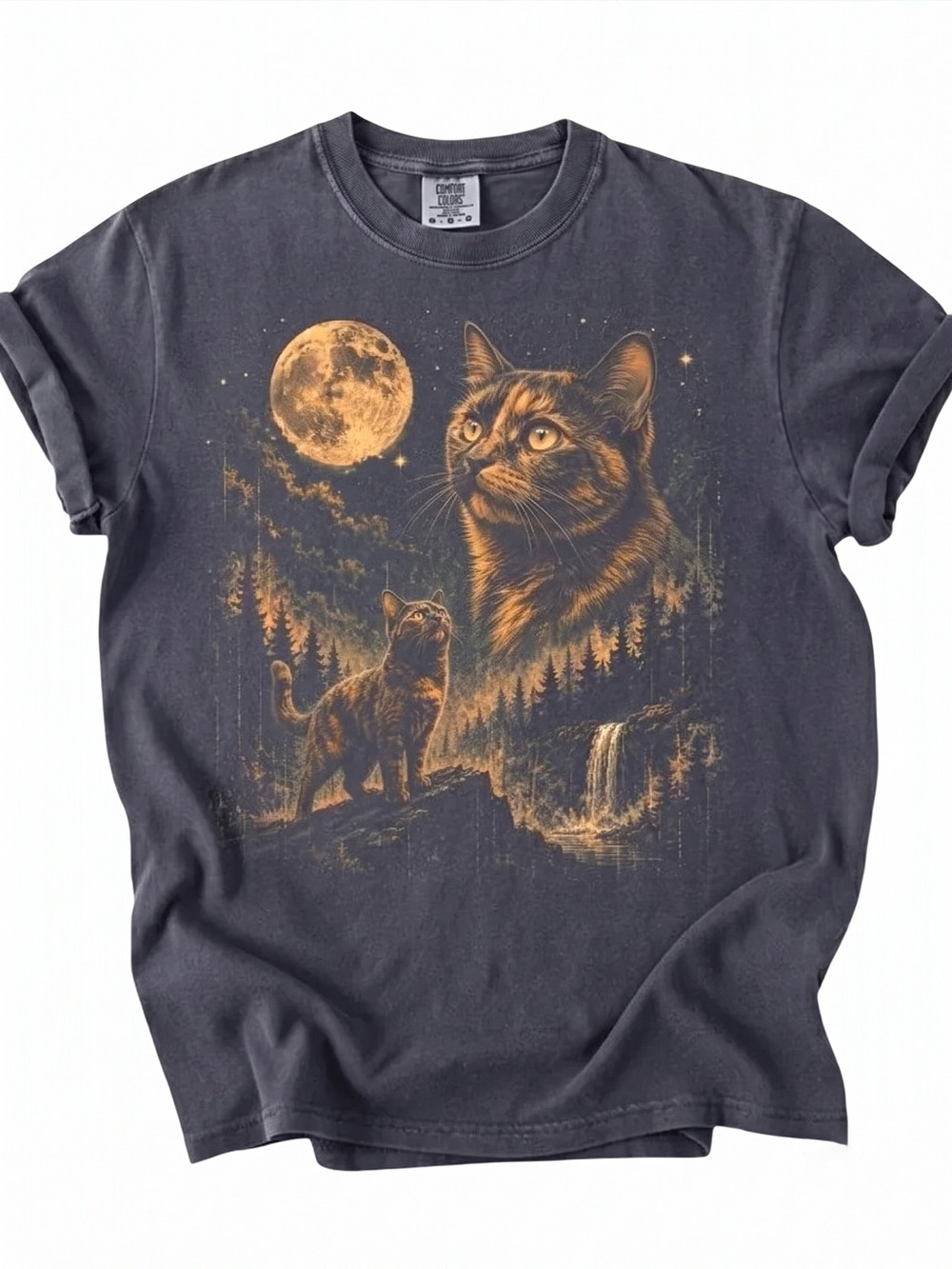 Majestic Cat Full Moon Forest Dark Grey Comfort Colors T-Shirt